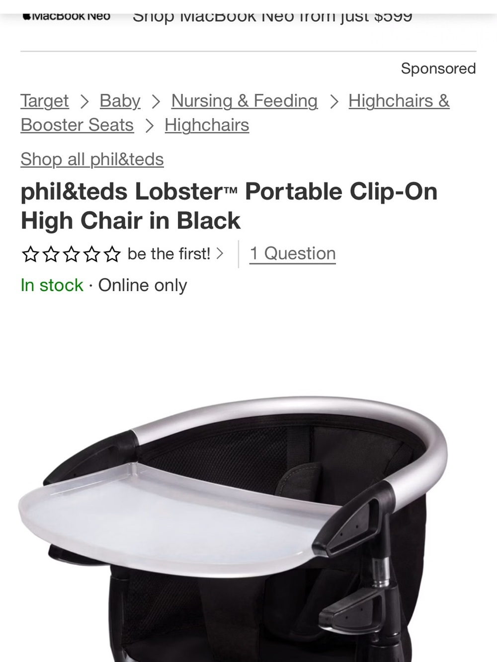 Lobster Portable Clip-On High Chair — Black